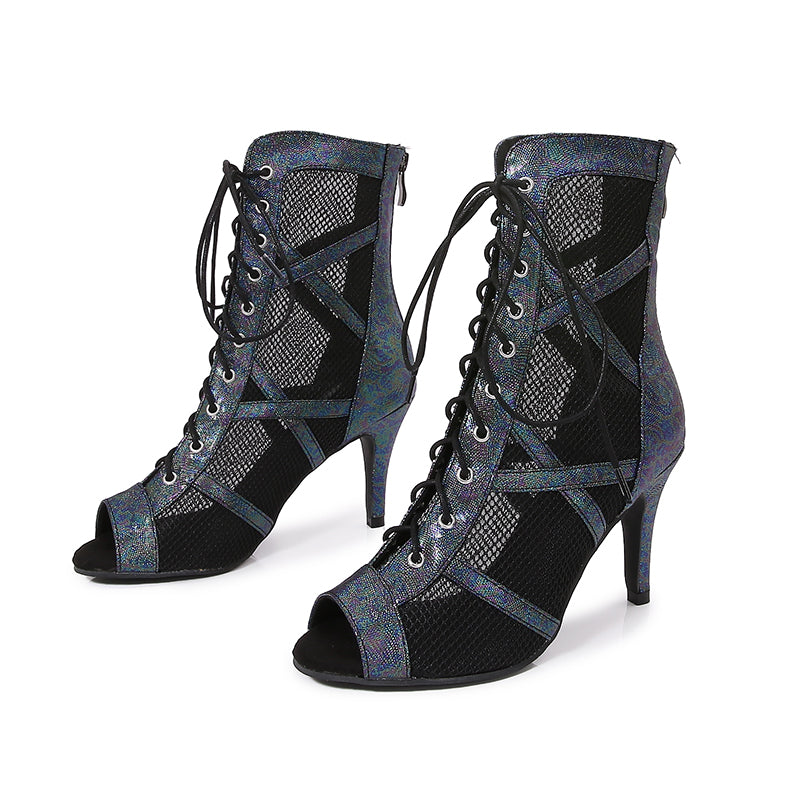 Women's Black Customized Dance Heels Rubber Sole Peep Toe Lace-up Jazz Shoes Dance Boots