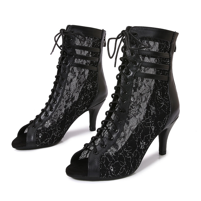 Women's Black Customized Dance Heels Rubber Sole Peep Toe Lace-up Jazz Shoes Dance Boots