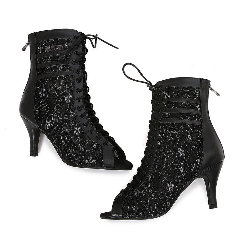 Women's Black Customized Dance Heels Rubber Sole Peep Toe Lace-up Jazz Shoes Dance Boots