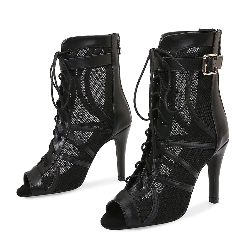 Women's Black Customized Dance Heels Rubber Sole Peep Toe Lace-up Jazz Shoes Dance Boots