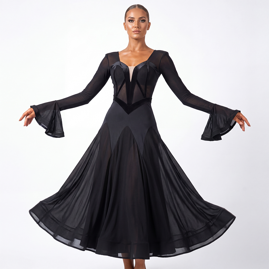 Customisable-Women's Long Sleeve Mesh Modern Dance Performance Dress Ballroom Dance Dress