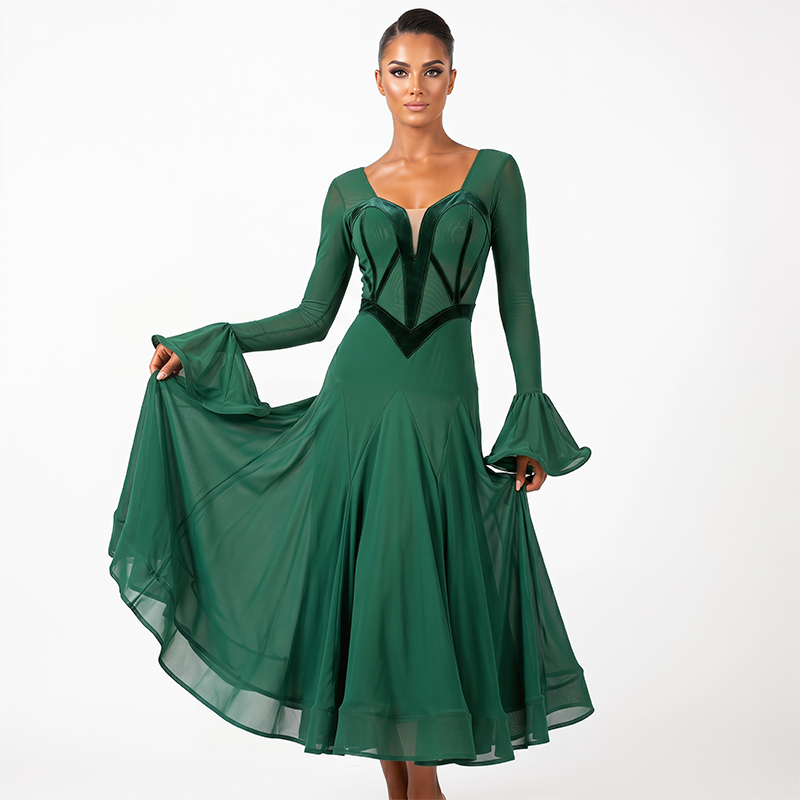 Customisable-Women's Long Sleeve Mesh Modern Dance Performance Dress Ballroom Dance Dress