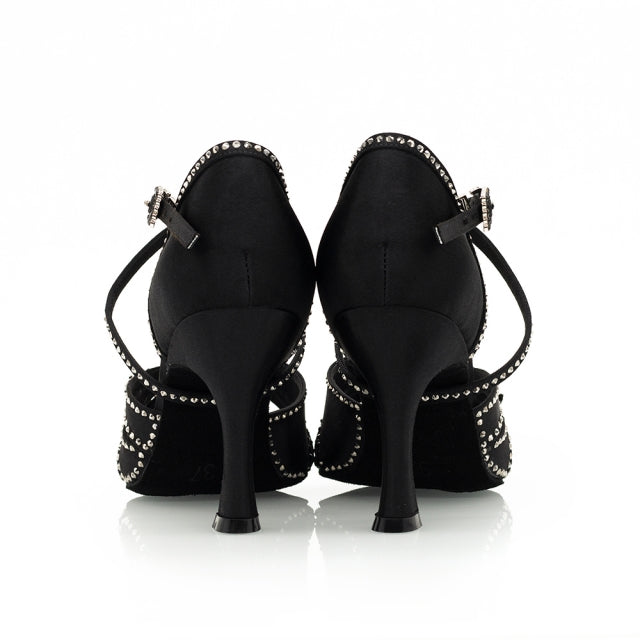 DS Women's Black Satin Customized Heel Ballroom Dance Shoes Latin Dance Shoes