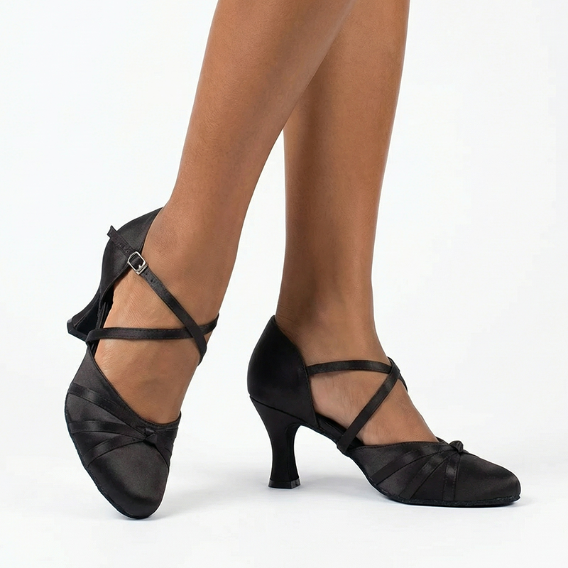 DS Women's Black Satin Customized Heel Ballroom Dance Shoes Modern Shoes