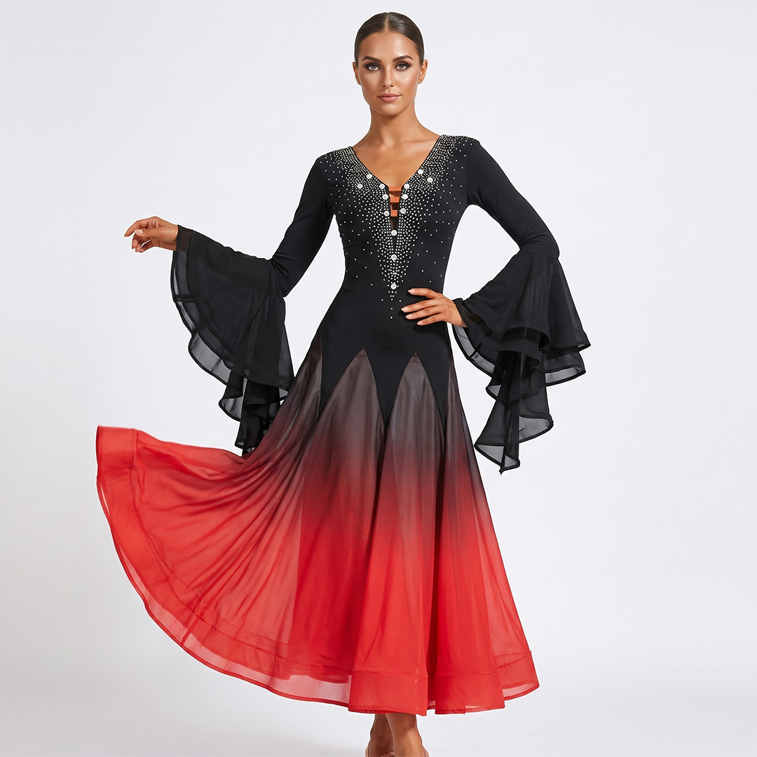 Customisable-Women's Horn Sleeve Waltz Ballroom Dance Competition Modern Dance Large Swing Dress