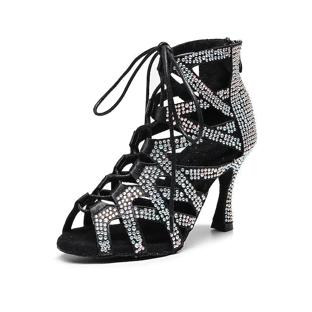 Women's Satin Black Rhinestone Heels Dance Boots Jazz Salsa Dancing Shoes