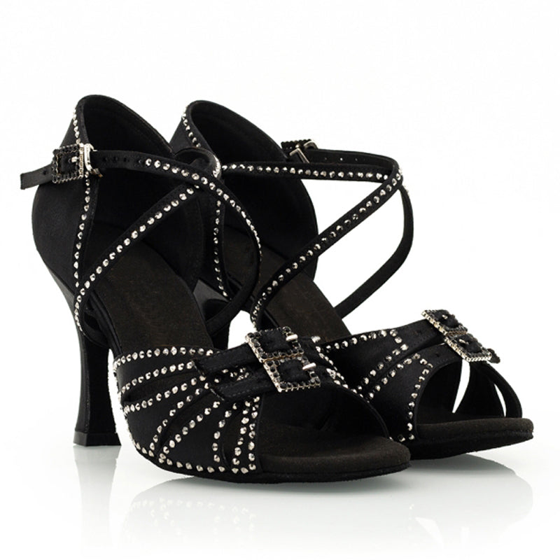 DS Women's Black Satin Customized Heel Ballroom Dance Shoes Latin Dance Shoes