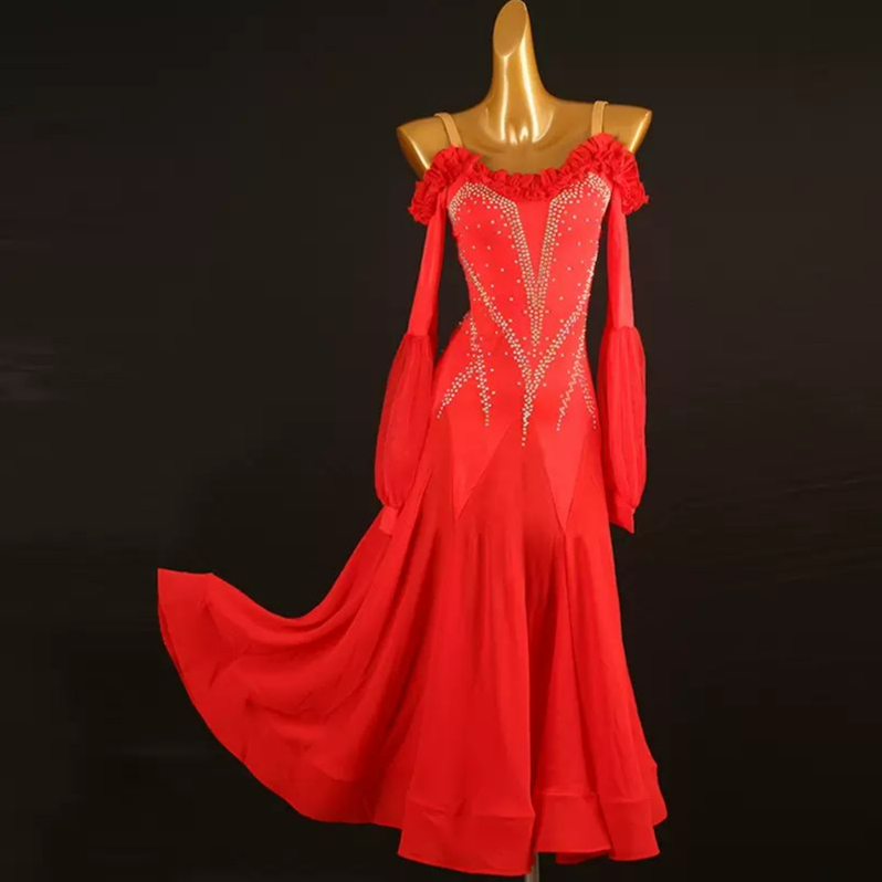Customisable-Women's Red Long Sleeve DanceWear Ballroom Dance Dress