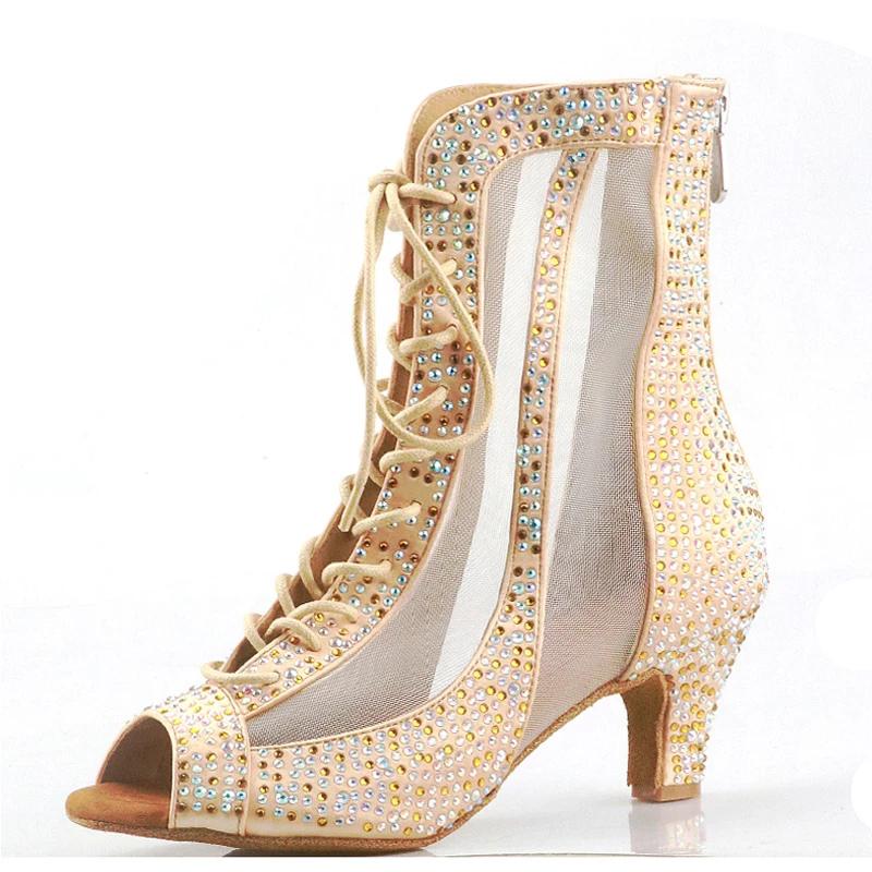 Women's Rhinestone Satin Customized Heels Dance Boots Jazz Salsa Dancing Shoes