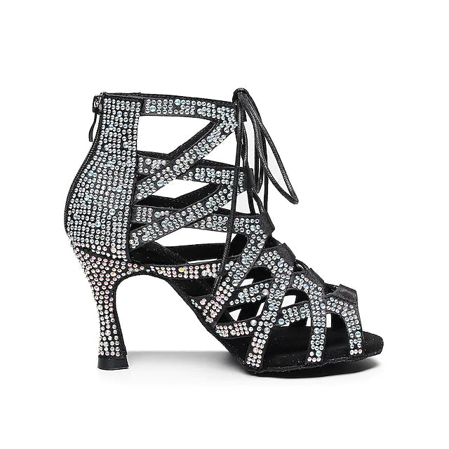 Women's Satin Black Rhinestone Heels Dance Boots Jazz Salsa Dancing Shoes